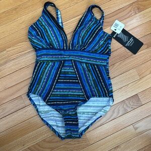 Miracle suit Swimsuit - size 14 - NEW - blue/green/white/ black patterned